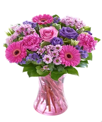 Bouquet di rose rosa e gerbere fucsia